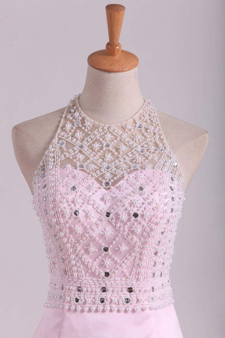 Halter Floor Length Mermaid Party Dresses Open Back Satin With Beads & Rhinestones